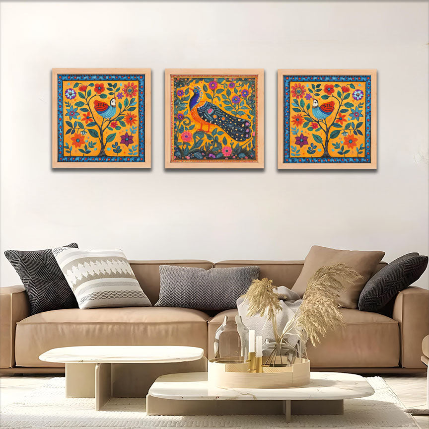 Folk Peacock & Bird Wall Frame Art Set