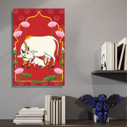 Kamdhenu Cow & Calf Devotional Canvas