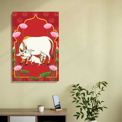 Kamdhenu Cow & Calf Devotional Canvas