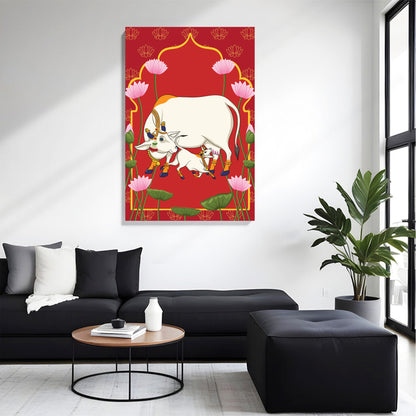 Kamdhenu Cow & Calf Devotional Canvas