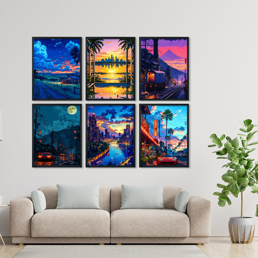 Neon Cityscape Wall Art Frame Set