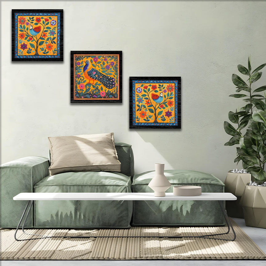 Folk Peacock & Bird Wall Frame Art Set