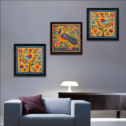 Folk Peacock & Bird Wall Frame Art Set