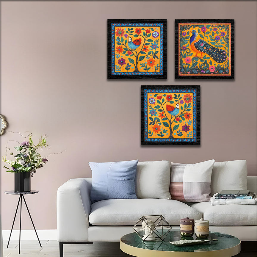 Folk Peacock & Bird Wall Frame Art Set