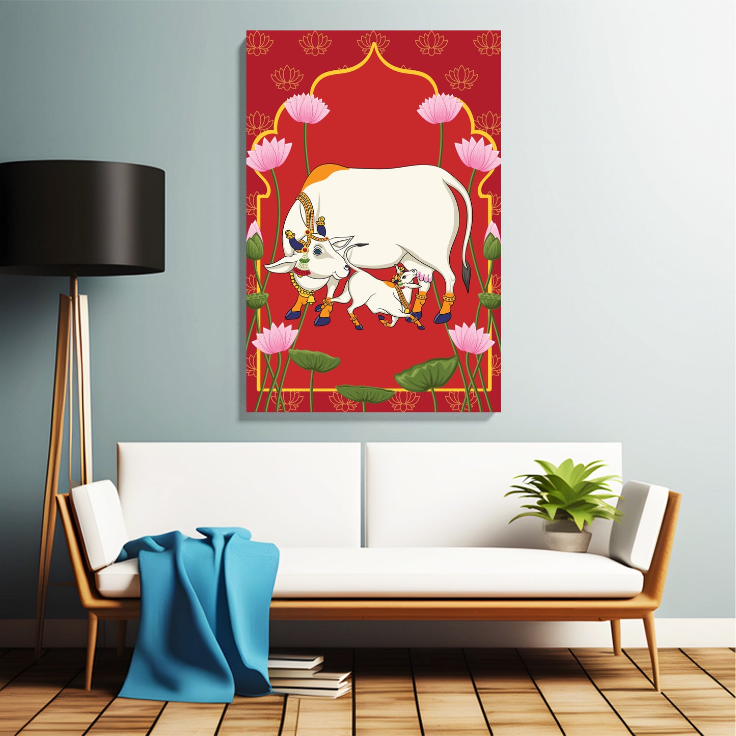 Kamdhenu Cow & Calf Devotional Canvas