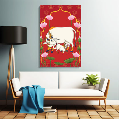 Kamdhenu Cow & Calf Devotional Canvas