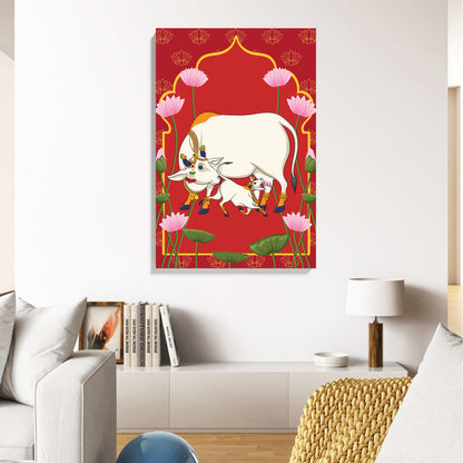 Kamdhenu Cow & Calf Devotional Canvas