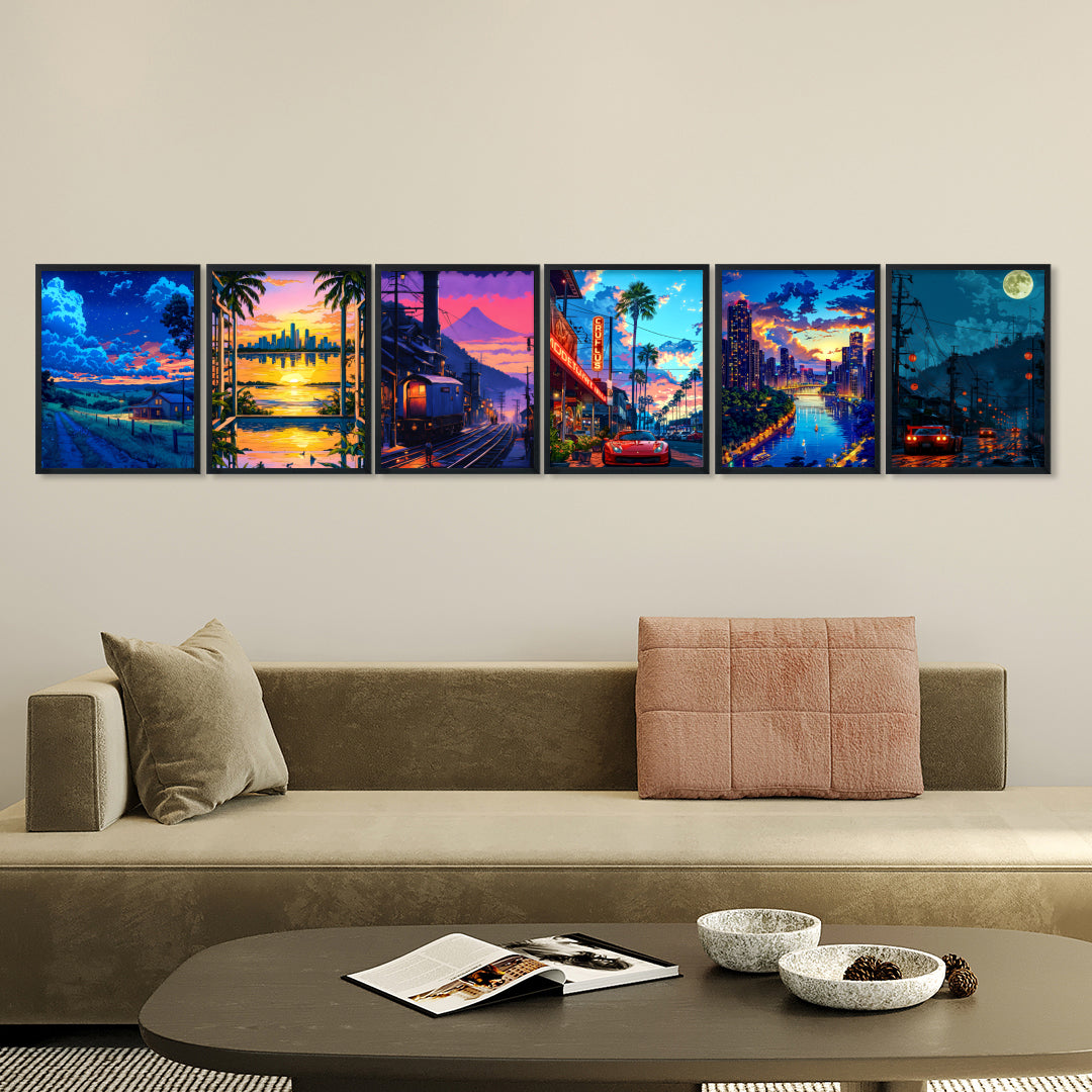 Neon Cityscape Wall Art Frame Set