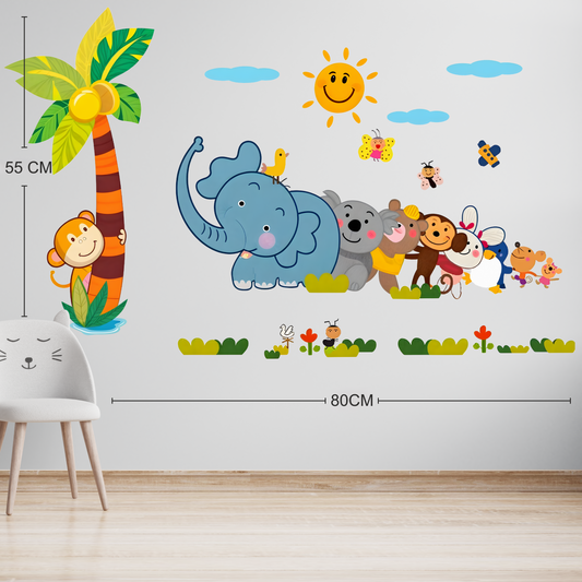 Happy Line of Cartoon Jungle Animals Wall Sticker