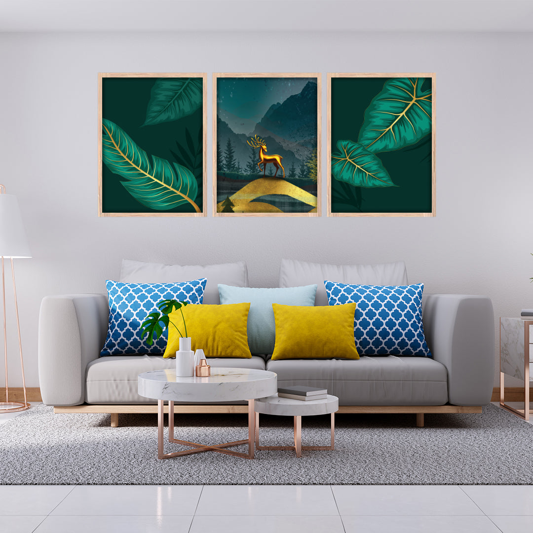 Golden Stag in Midnight Forest Wall Frame Set