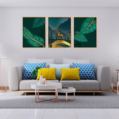 Golden Stag in Midnight Forest Wall Frame Set