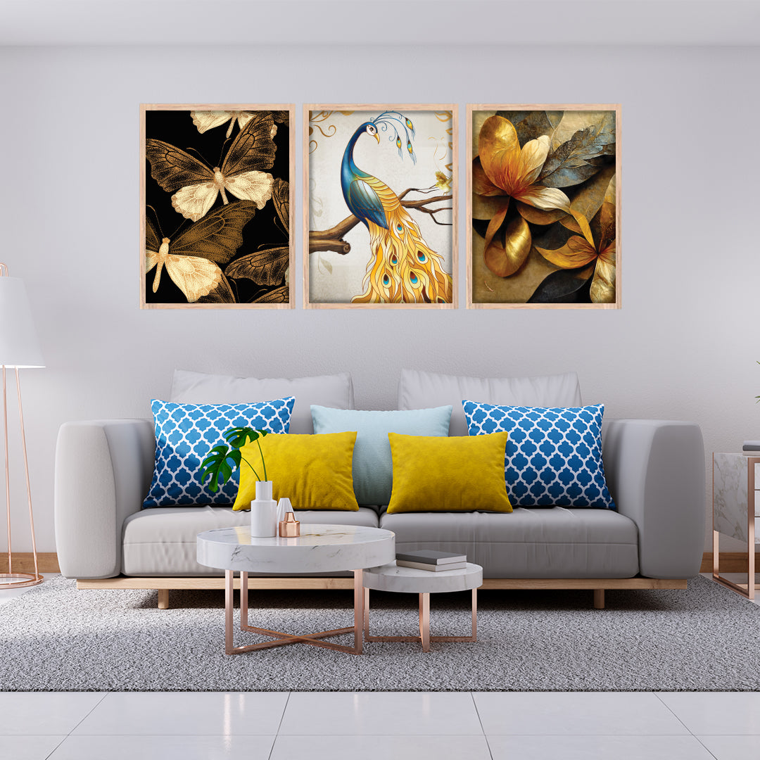 Royal Peacock & Golden Florals Wall Frame