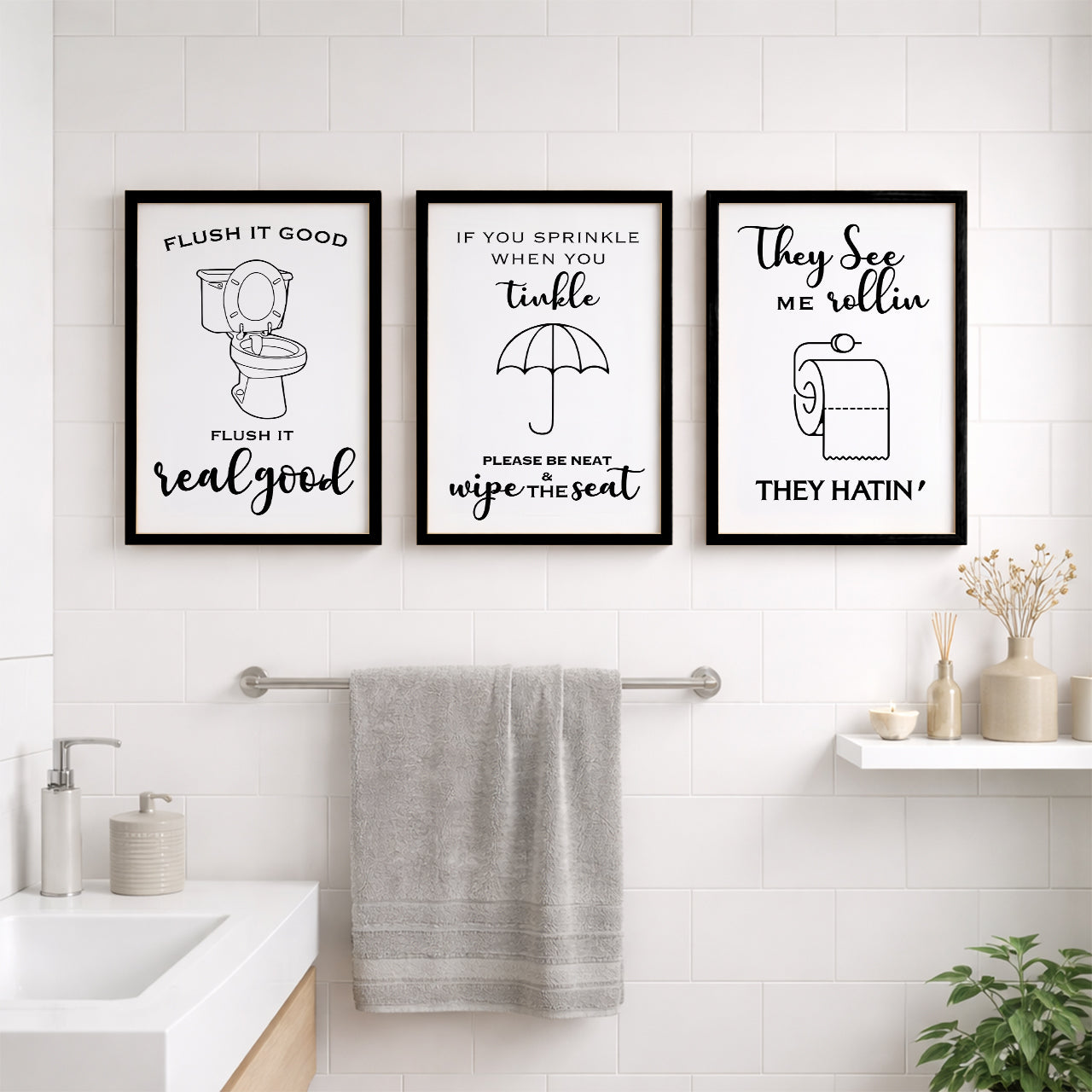 Funny Bathroom Rules Wall Frames Set of 3