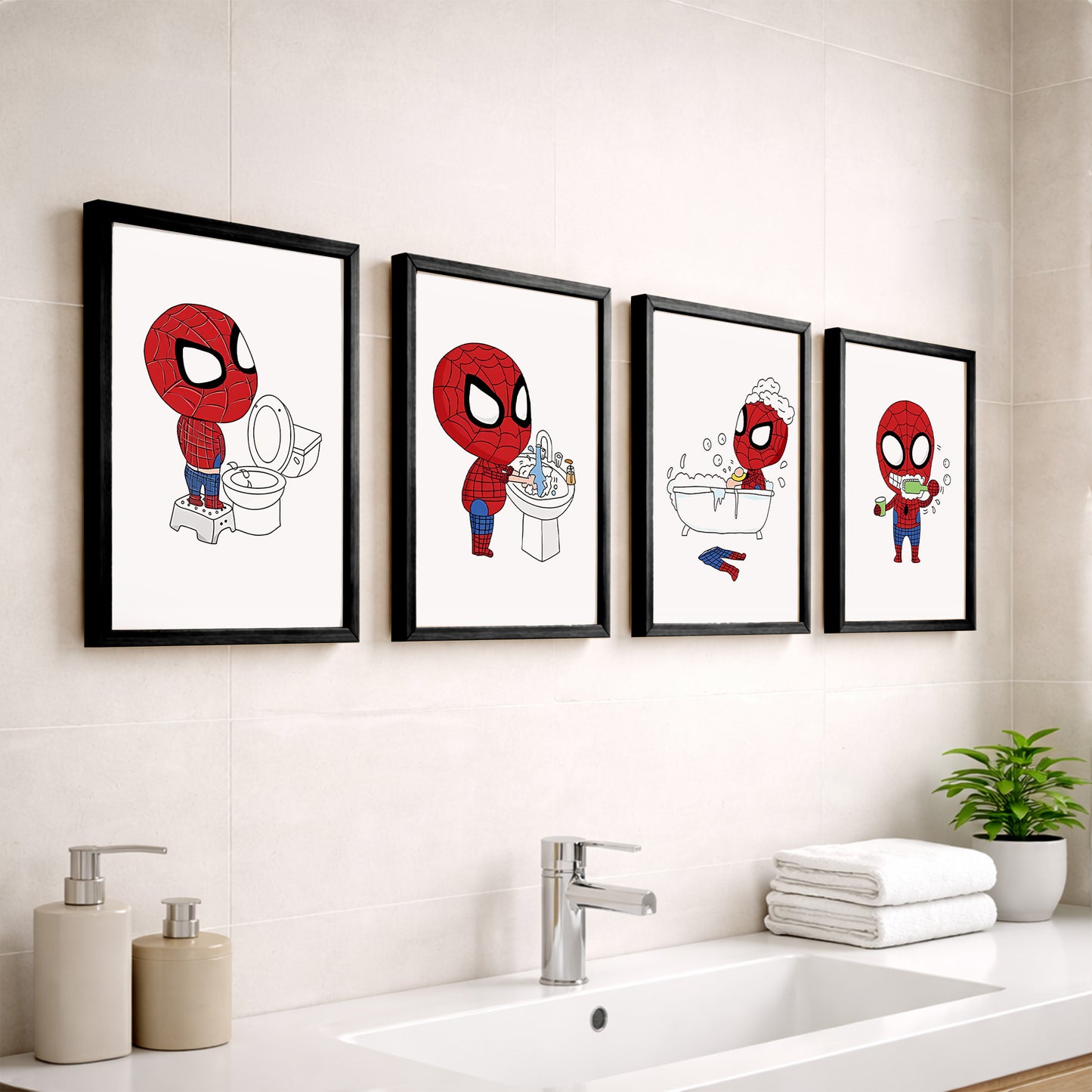 Spider Hero Bathroom Wall Frames Set of 4