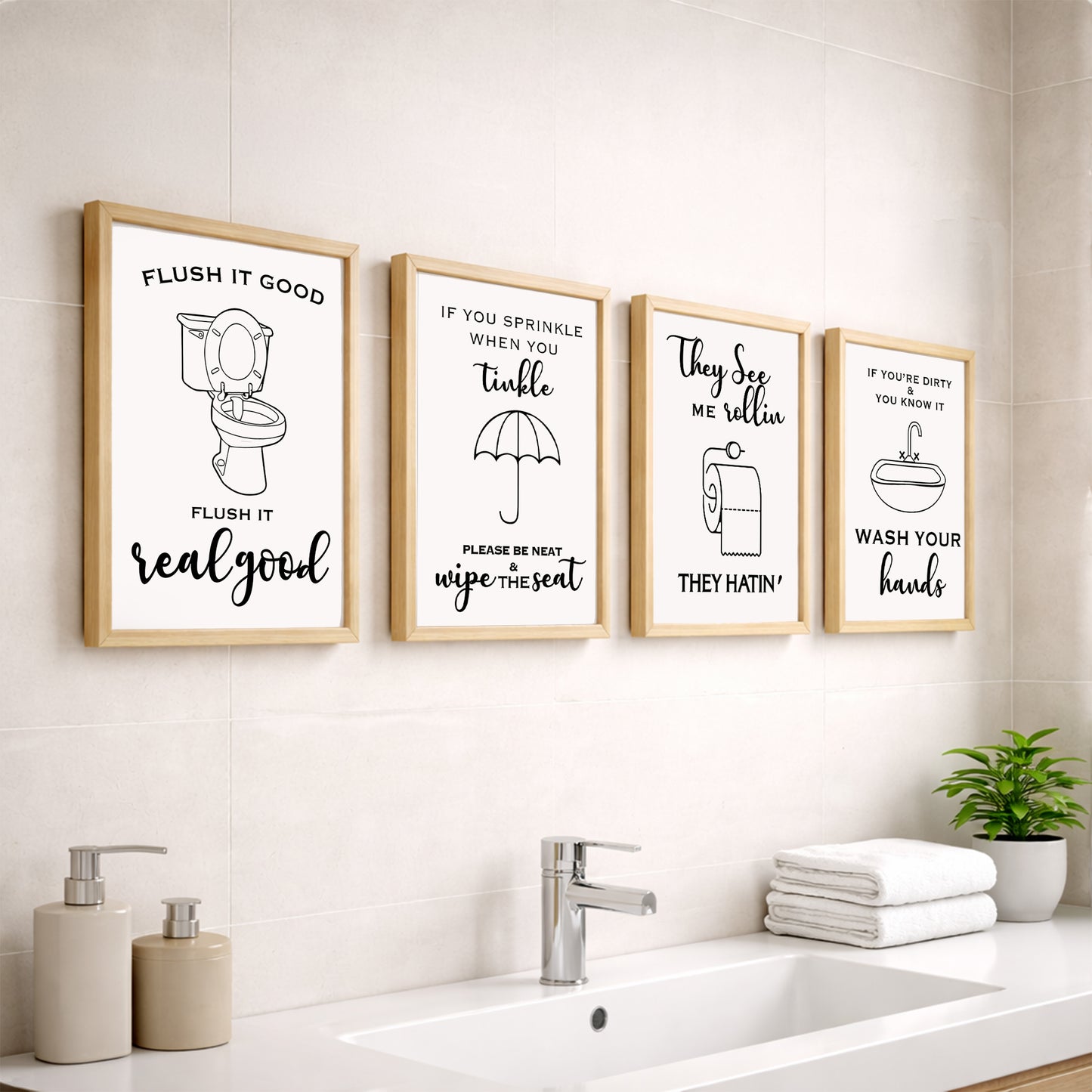 Funny Bathroom Quotes Wall Frames Set of 4