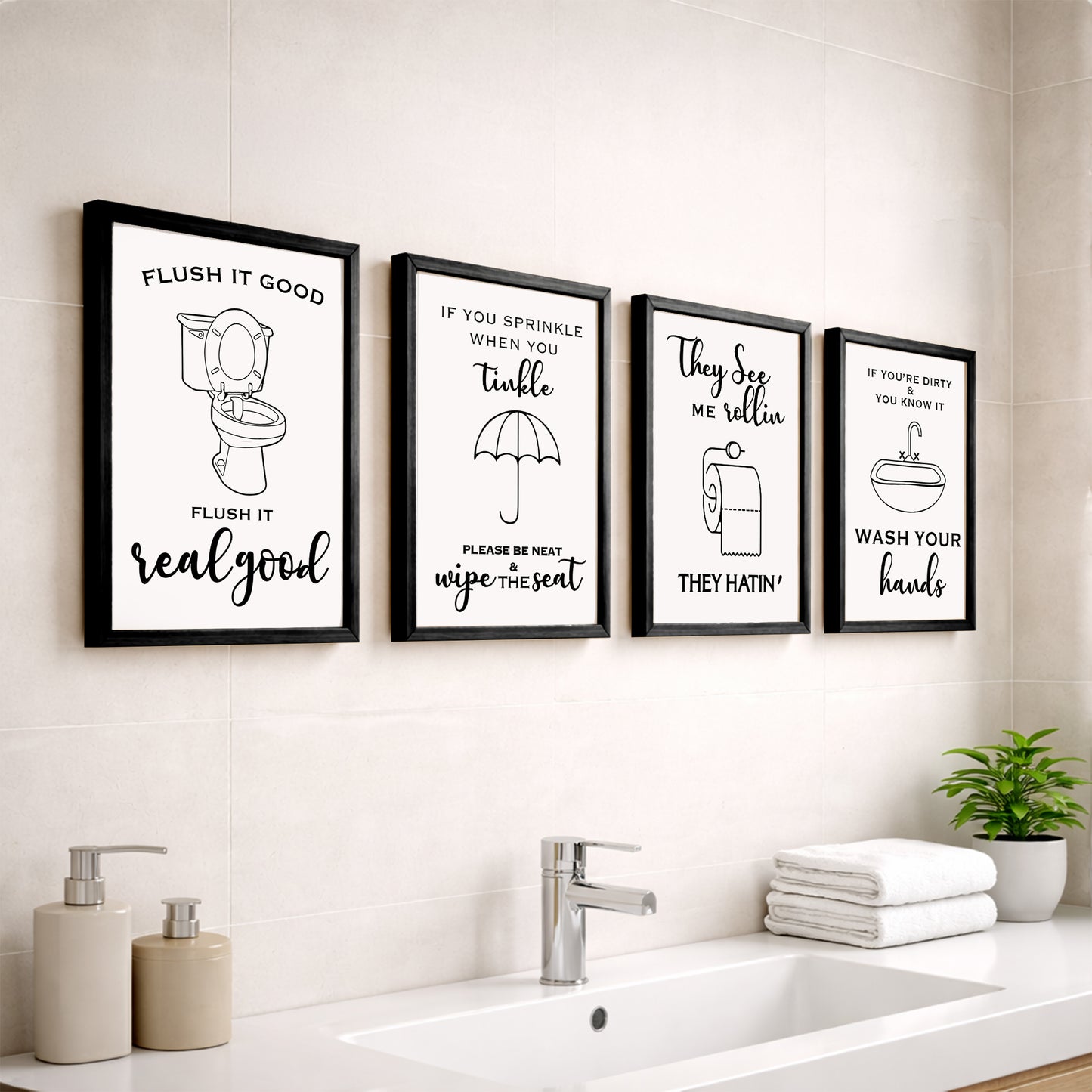 Funny Bathroom Quotes Wall Frames Set of 4