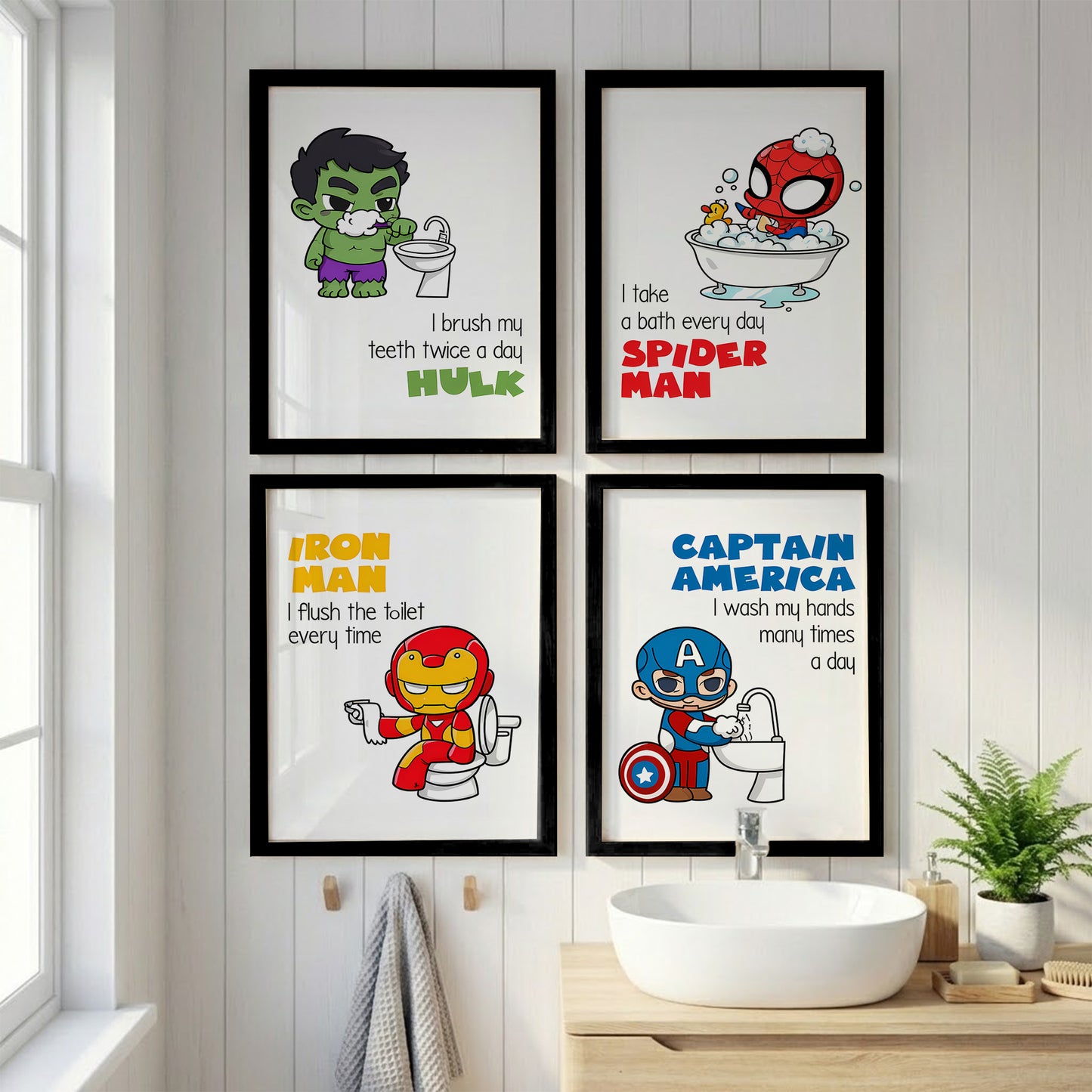 Superhero Bathroom Rules Wall Frames Set of 4