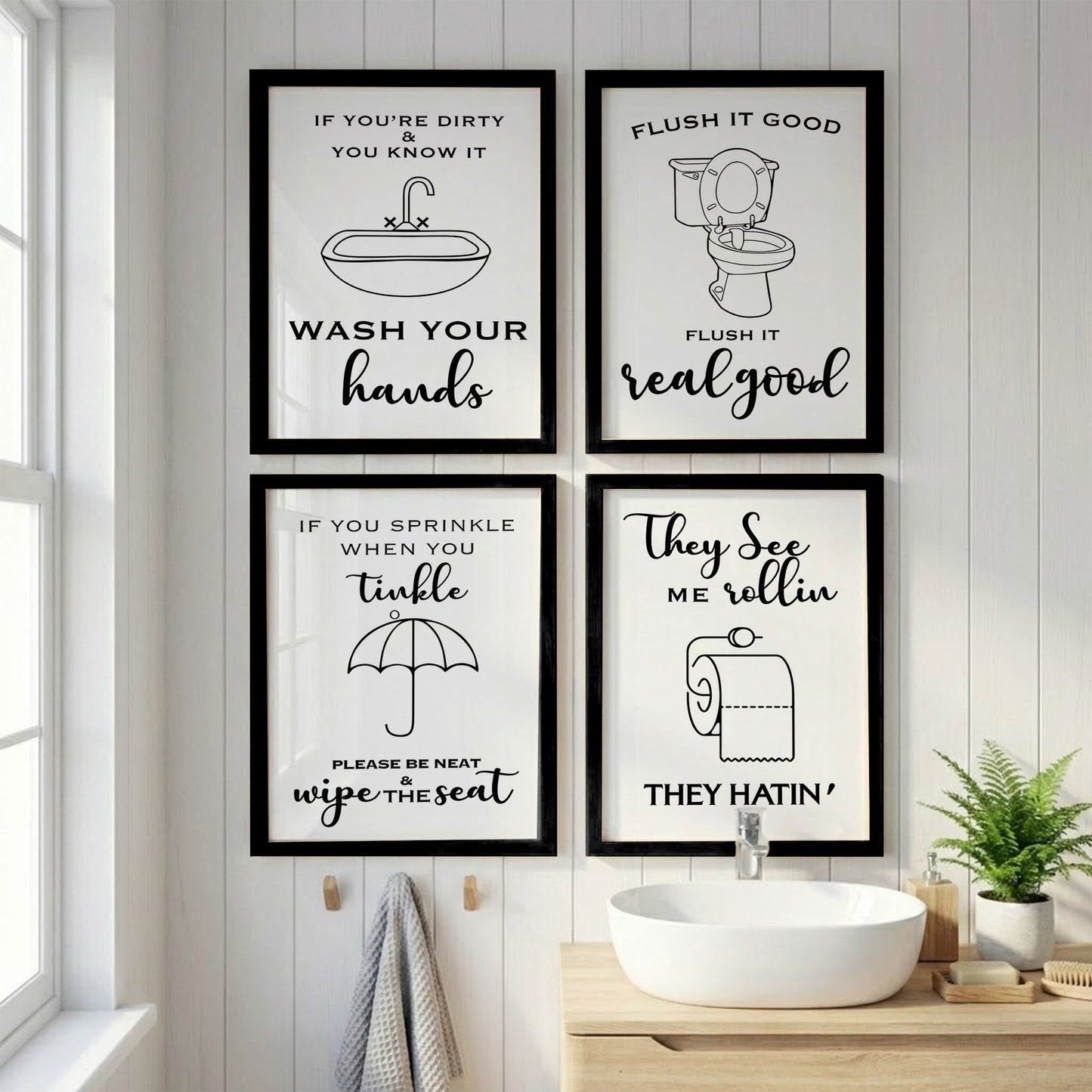 Funny Bathroom Quotes Wall Frames Set of 4