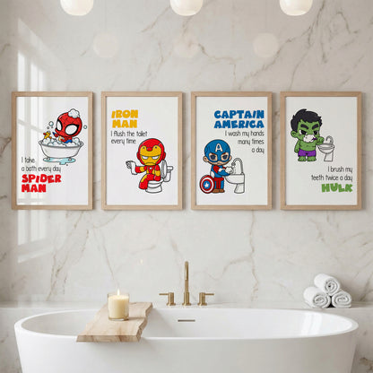 Superhero Bathroom Rules Wall Frames Set of 4