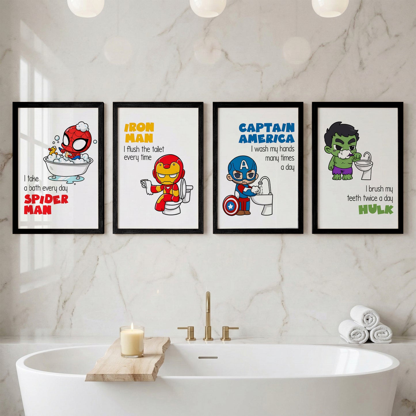 Superhero Bathroom Rules Wall Frames Set of 4
