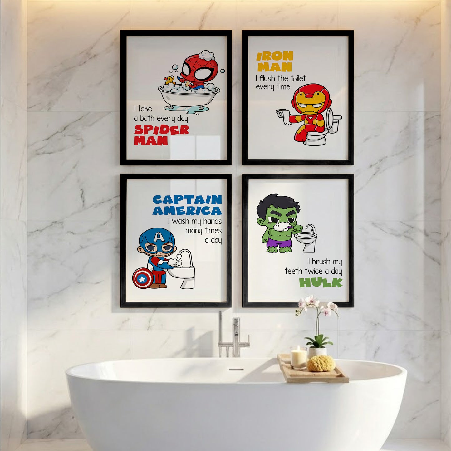 Superhero Bathroom Rules Wall Frames Set of 4