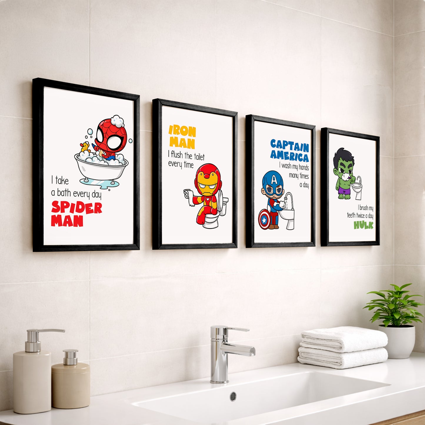 Superhero Bathroom Rules Wall Frames Set of 4