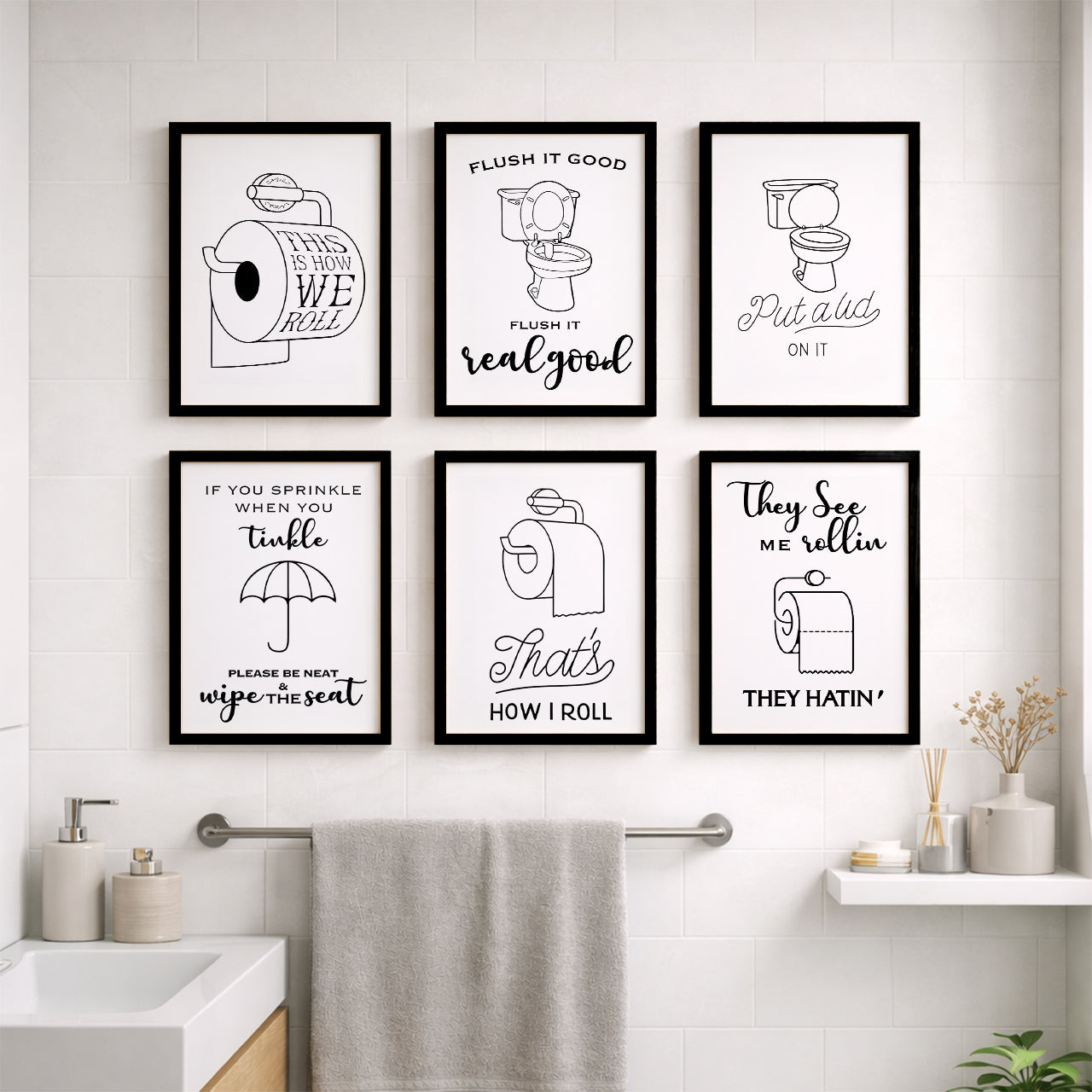 Bathroom Rules & Quotes Wall Art Set of 6