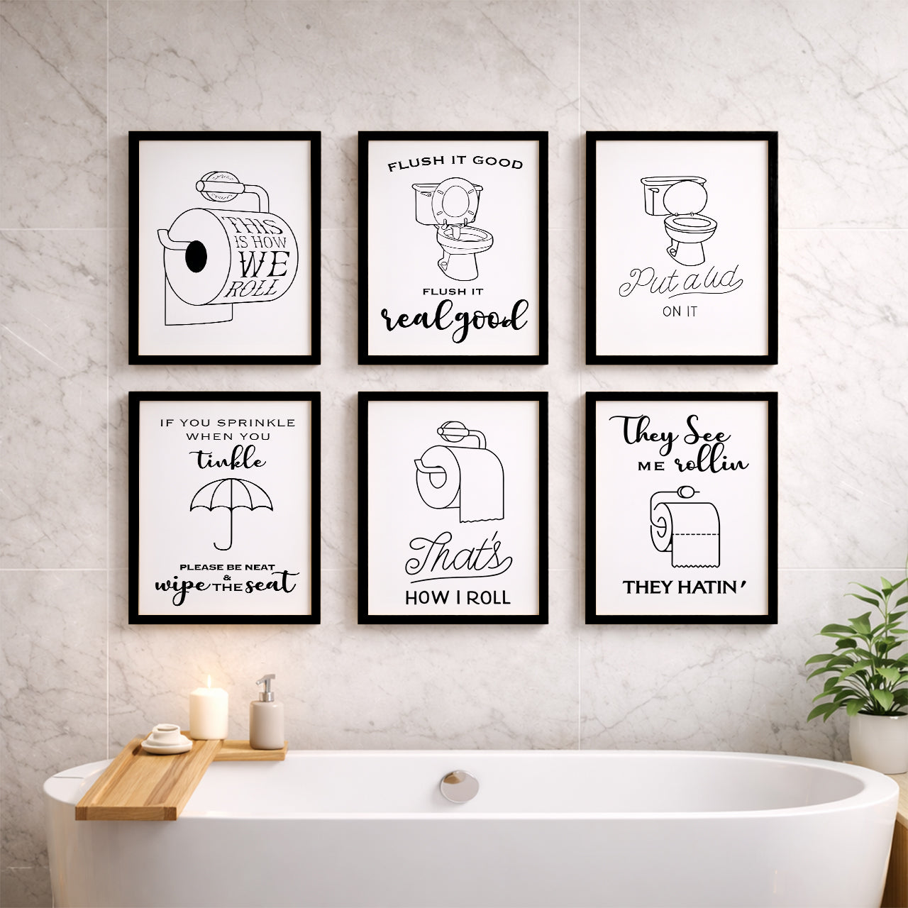 Bathroom Rules & Quotes Wall Art Set of 6