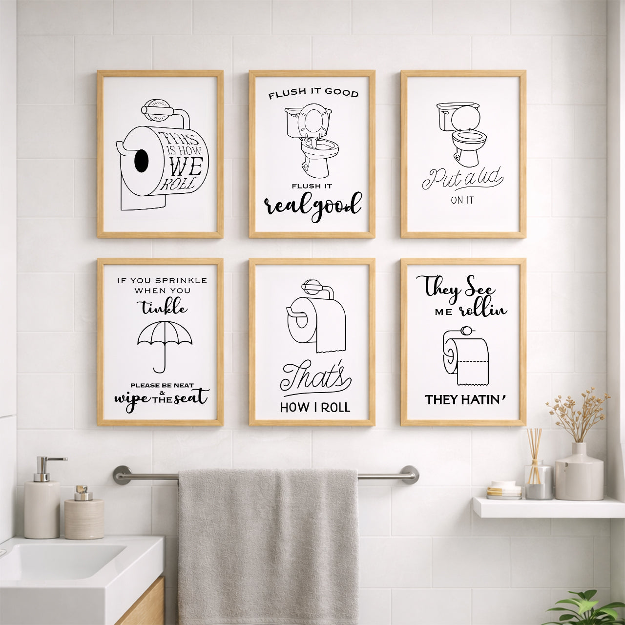 Bathroom Rules & Quotes Wall Art Set of 6