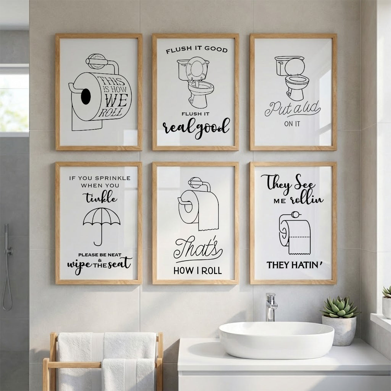 Bathroom Rules & Quotes Wall Art Set of 6