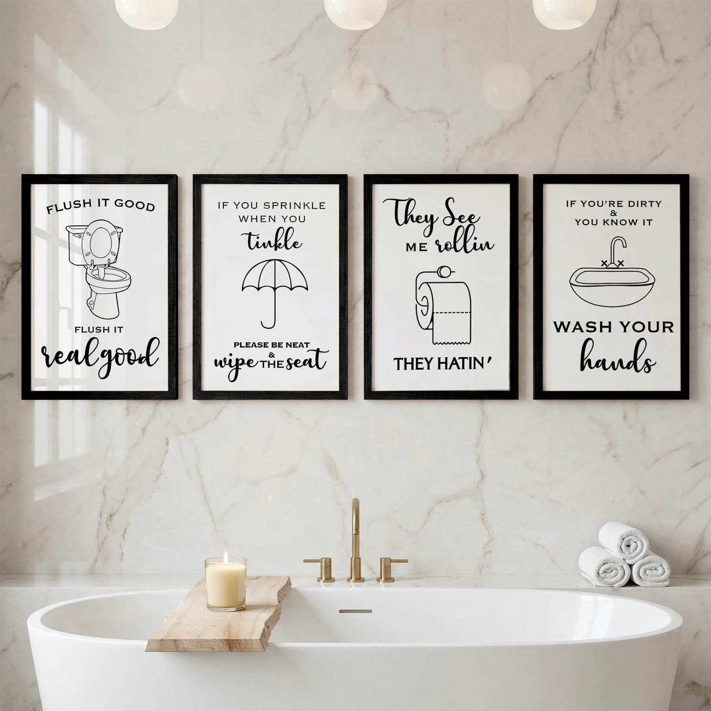 Funny Bathroom Quotes Wall Frames Set of 4