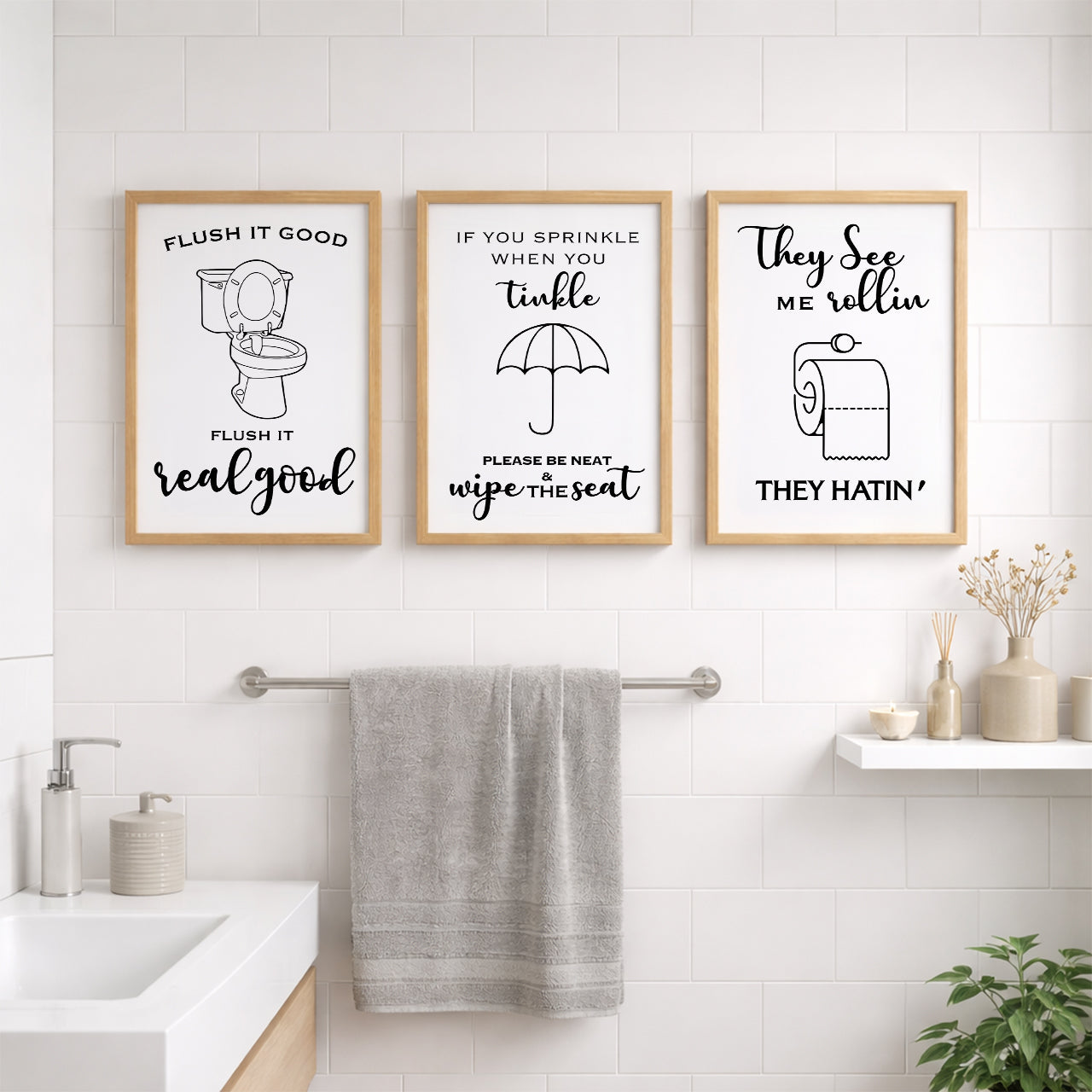 Funny Bathroom Rules Wall Frames Set of 3