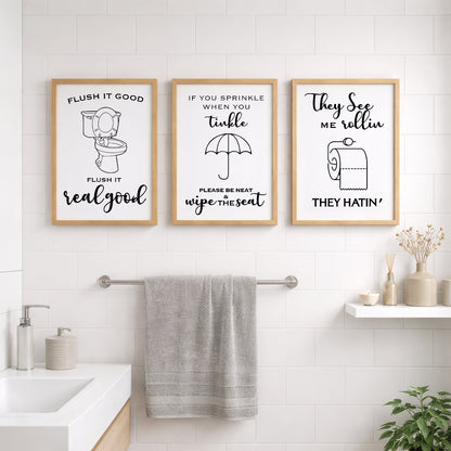 Funny Bathroom Rules Wall Frames Set of 3