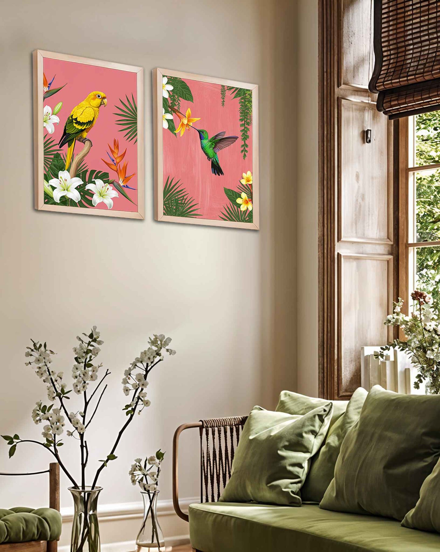 Tropical Bird & Hummingbird Wall Art Set of 2