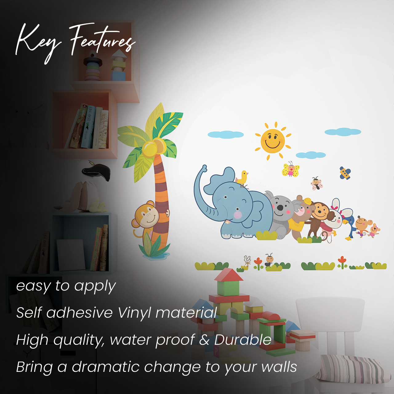 Happy Line of Cartoon Jungle Animals Wall Sticker