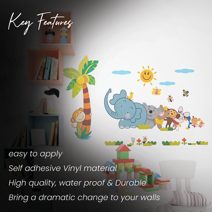 Happy Line of Cartoon Jungle Animals Wall Sticker