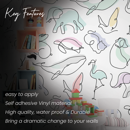 Minimalist One-Line Pastel Animal Pattern Wall Sticker