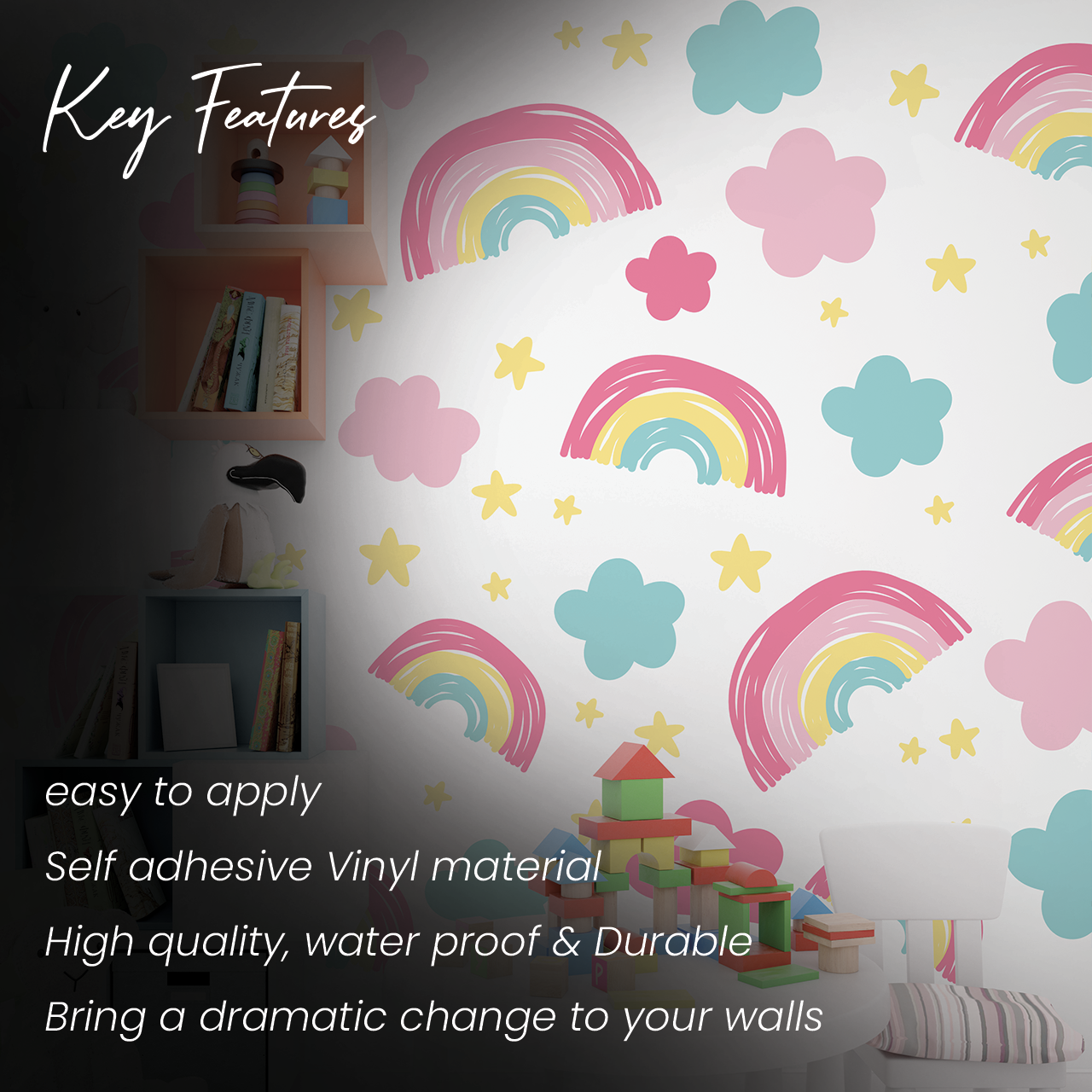 Pastel Rainbow, Star, and Cloud Pattern Wall Sticker