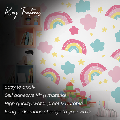 Pastel Rainbow, Star, and Cloud Pattern Wall Sticker