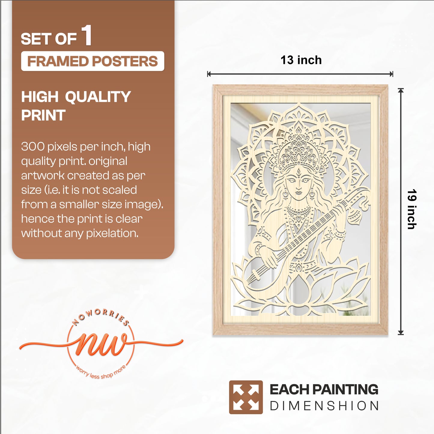Goddess Saraswati Pinewood Laser Wall Art