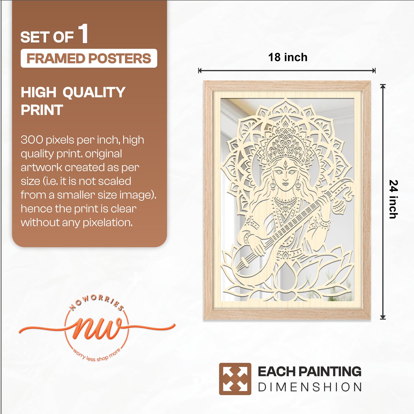 Goddess Saraswati Pinewood Laser Wall Art