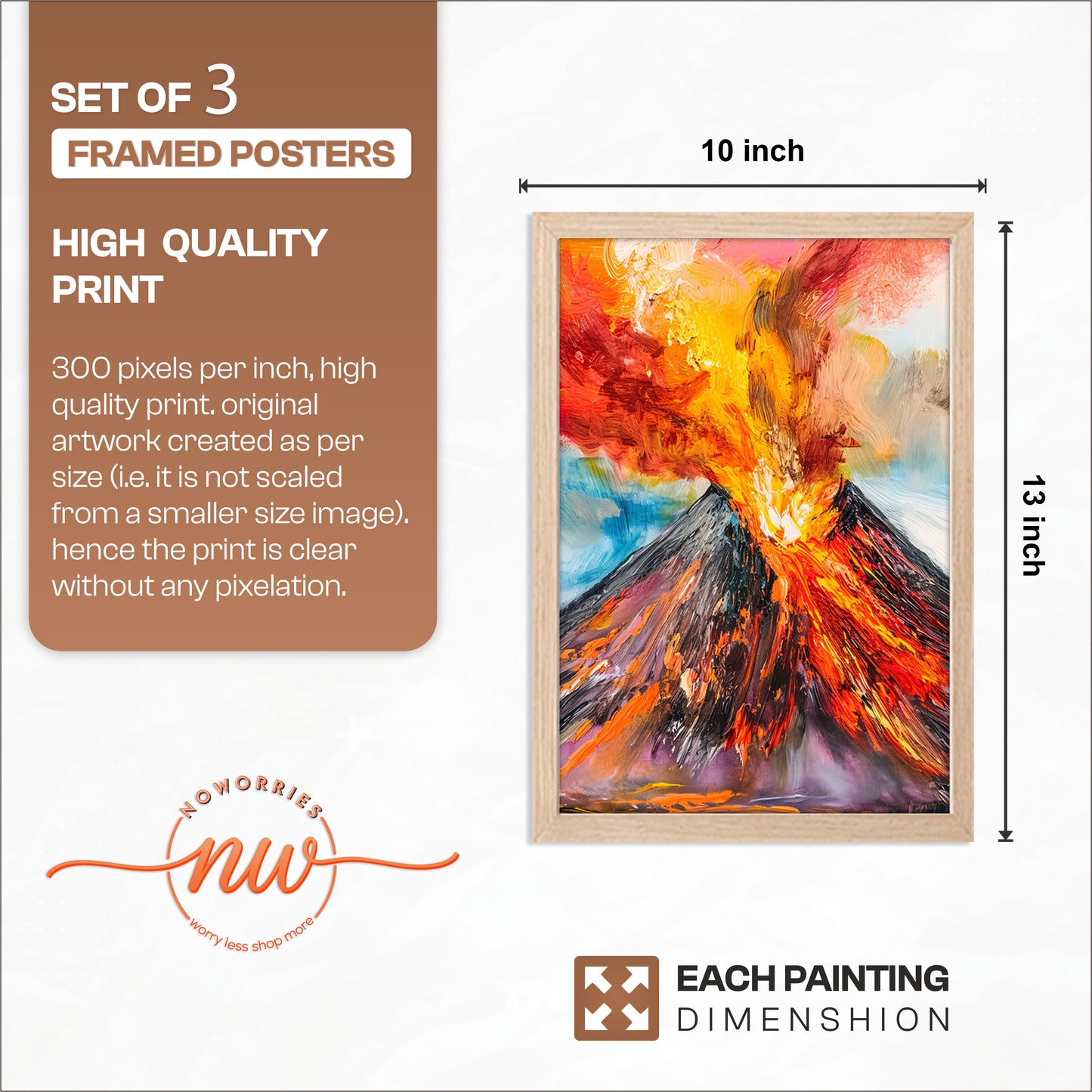 Erupting Volcano Landscape Wall Frames Set of 3