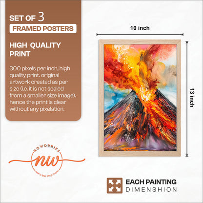 Erupting Volcano Landscape Wall Frames Set of 3
