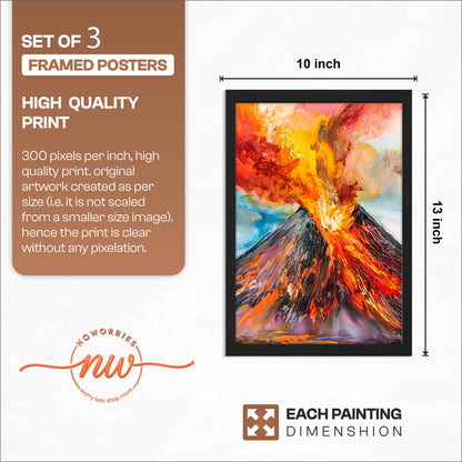 Erupting Volcano Landscape Wall Frames Set of 3