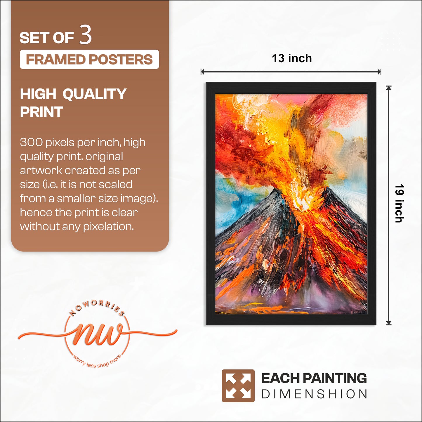 Erupting Volcano Landscape Wall Frames Set of 3