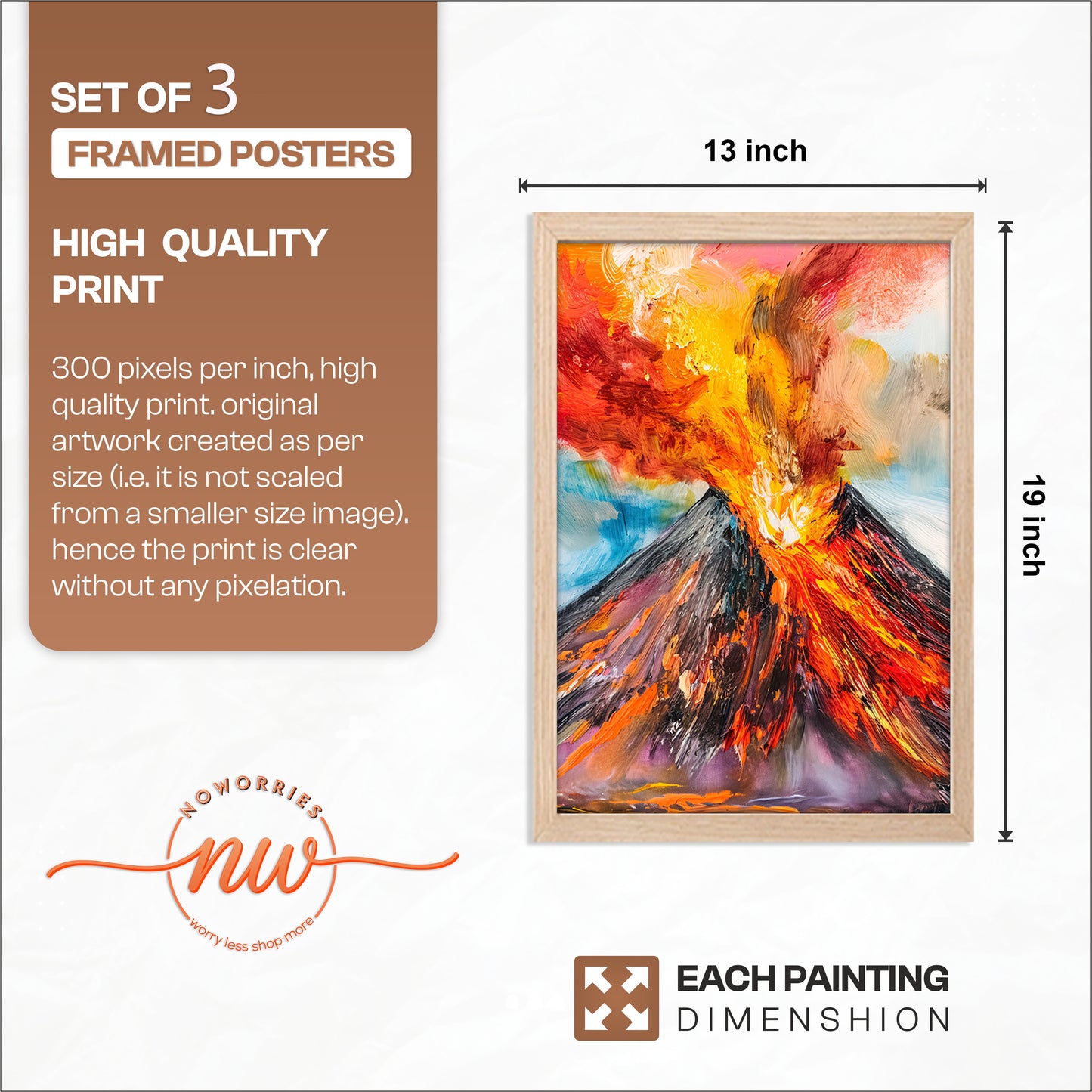Erupting Volcano Landscape Wall Frames Set of 3