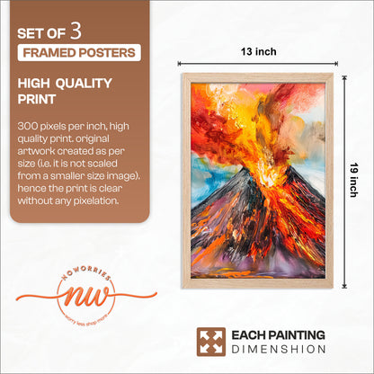 Erupting Volcano Landscape Wall Frames Set of 3