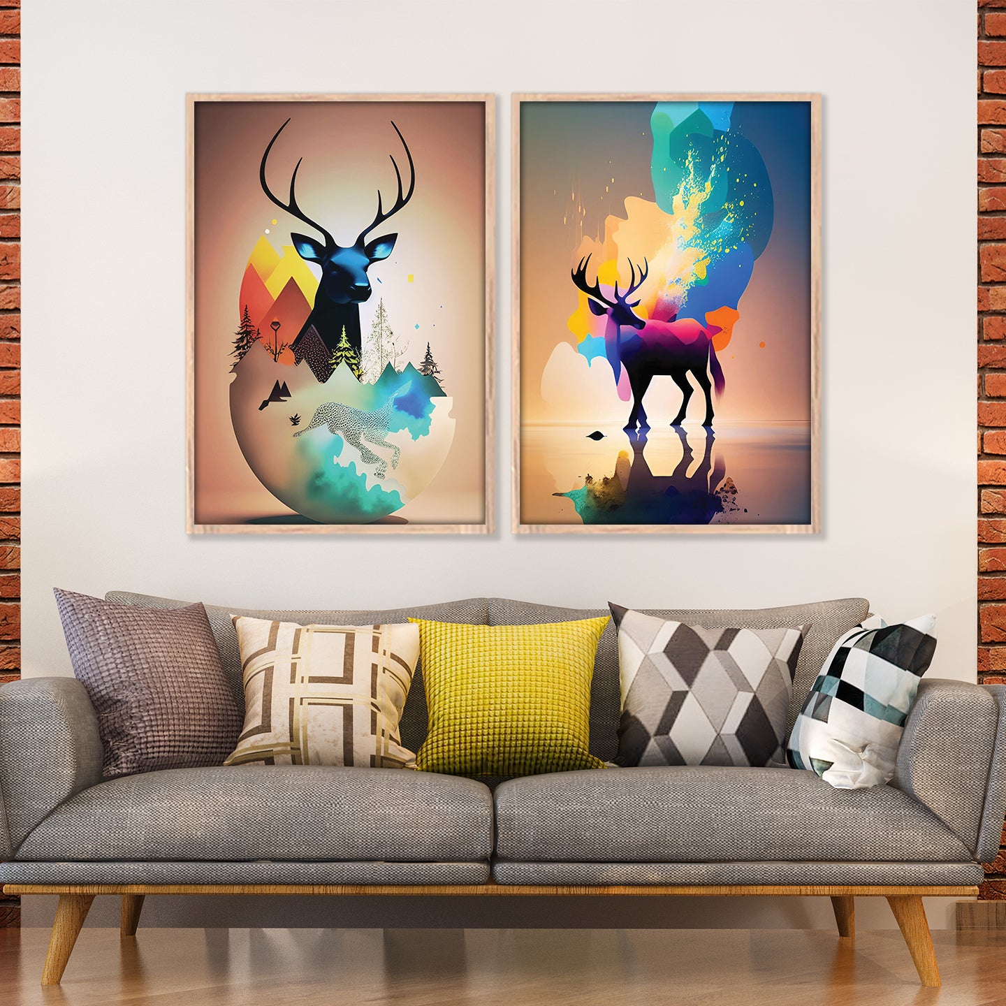 Vibrant Abstract Deer Spirit Art Set Wall Frame