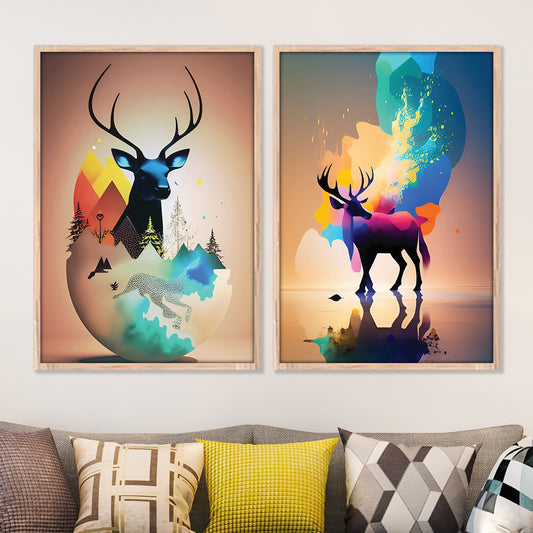 Vibrant Abstract Deer Spirit Art Set Wall Frame