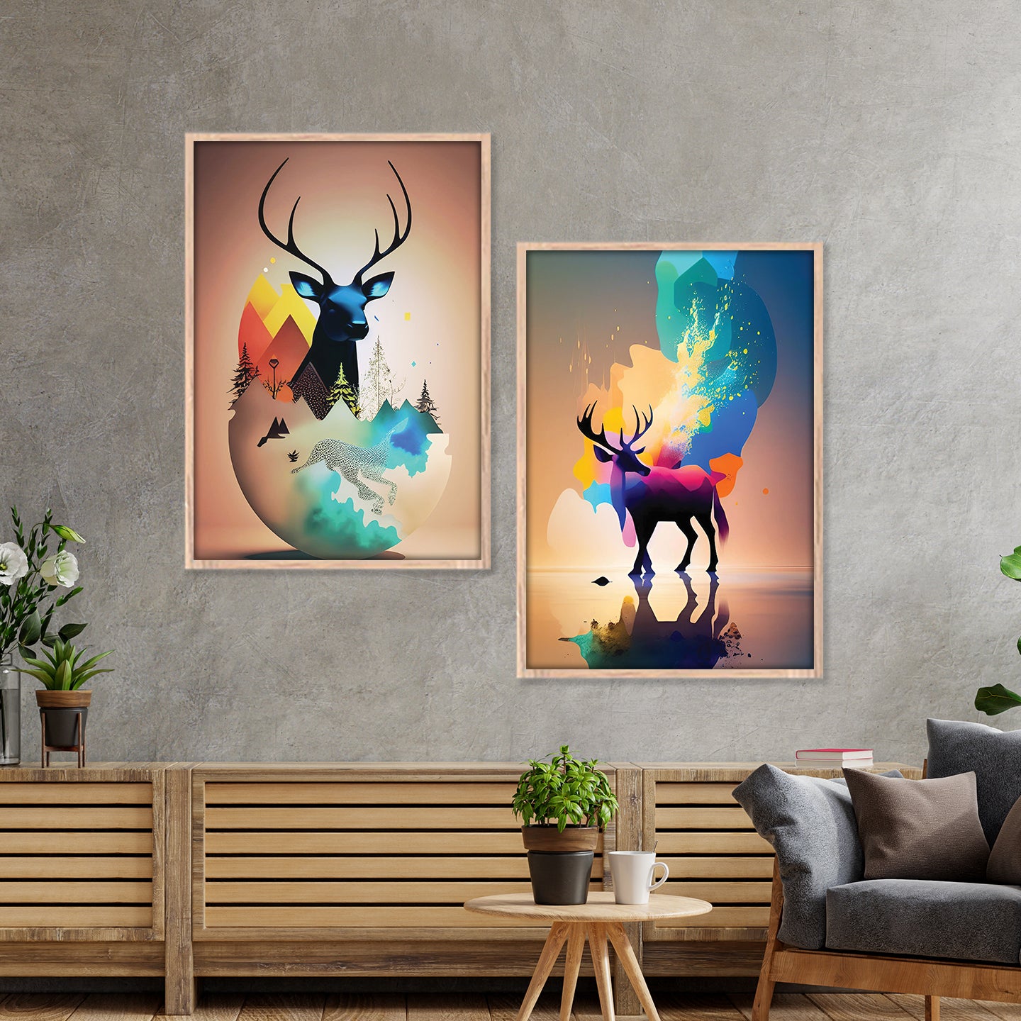 Vibrant Abstract Deer Spirit Art Set Wall Frame